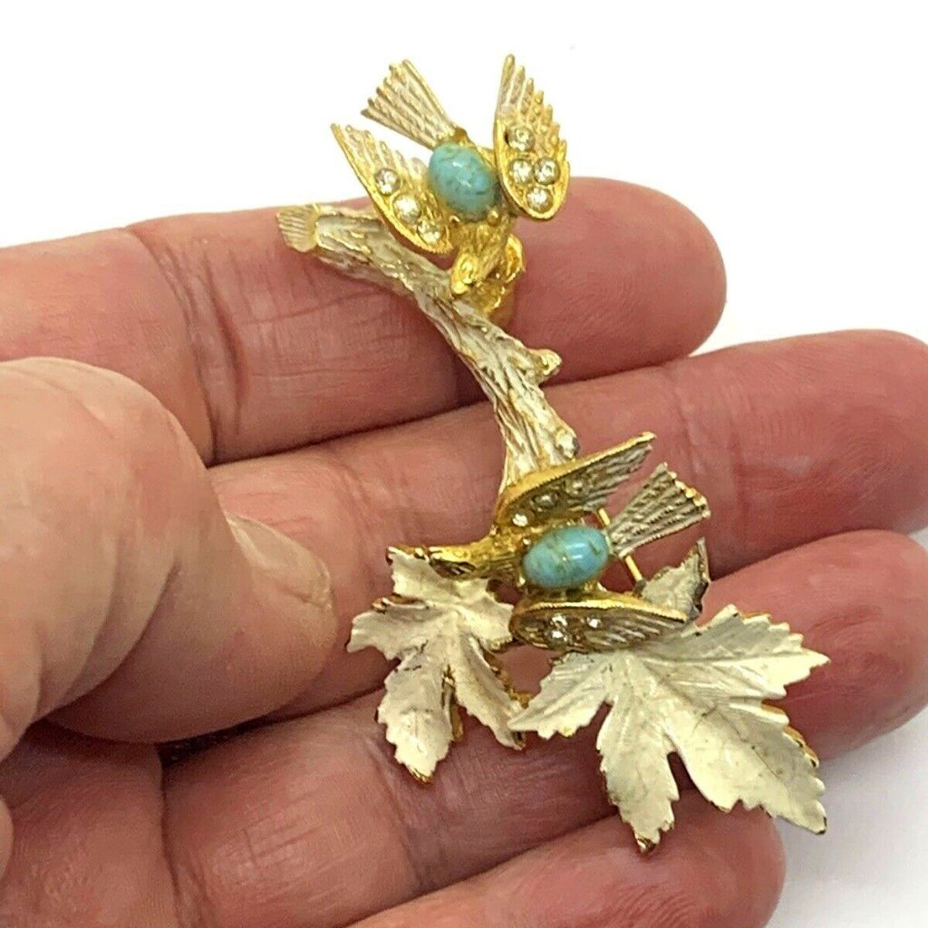 Vintage Signed Art Double Bird Trembler Enamel Rhinestone Brooch 77$